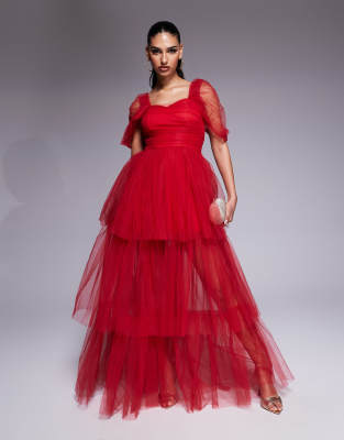 off shoulder high low tulle maxi dress in red