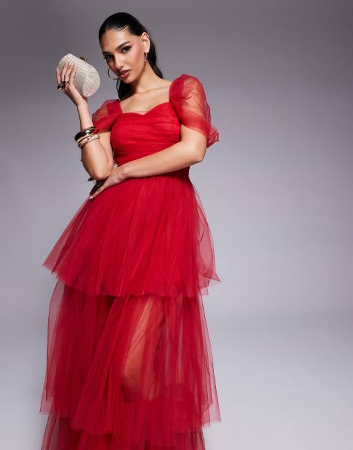Lace & Beads off shoulder hi lo tulle maxi dress in red