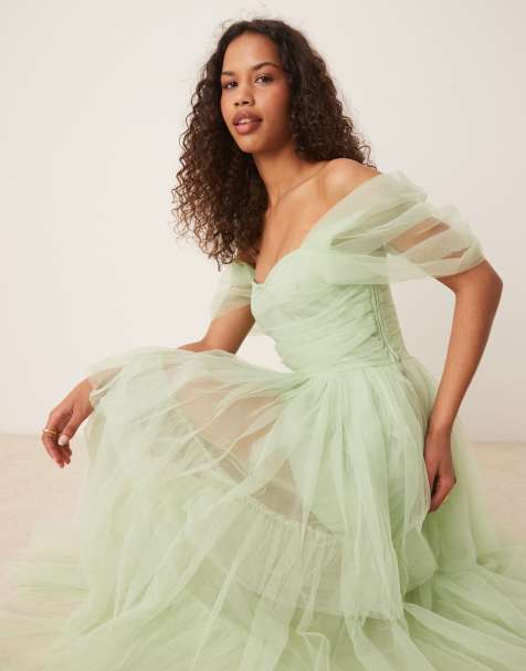 Lace & Beads off shoulder high low tulle maxi dress in sage - view 1