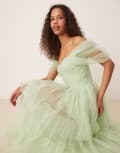 [Lace & Beads] Lace & Beads off-shoulder high low tulle maxi dress in sage-Green 10 Sage