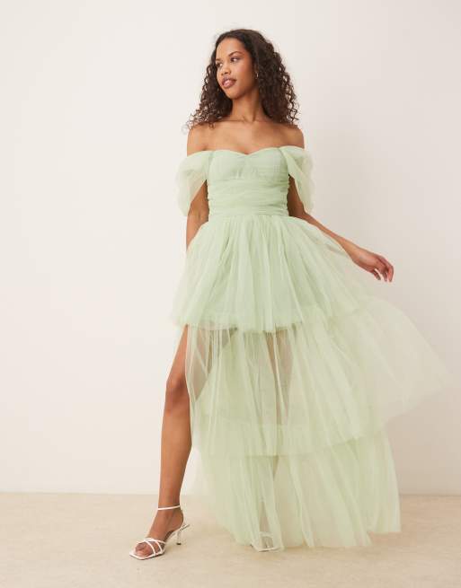 Lace & Beads off shoulder high low tulle maxi dress in sage