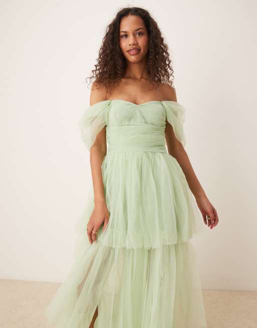 Lace & Beads off shoulder high low tulle maxi dress in sage, 3 of 4