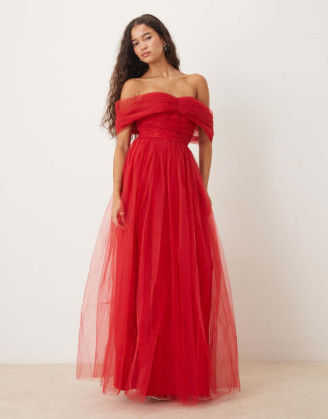 Lace & Beads off shoulder maxi tulle dress in red - view 1