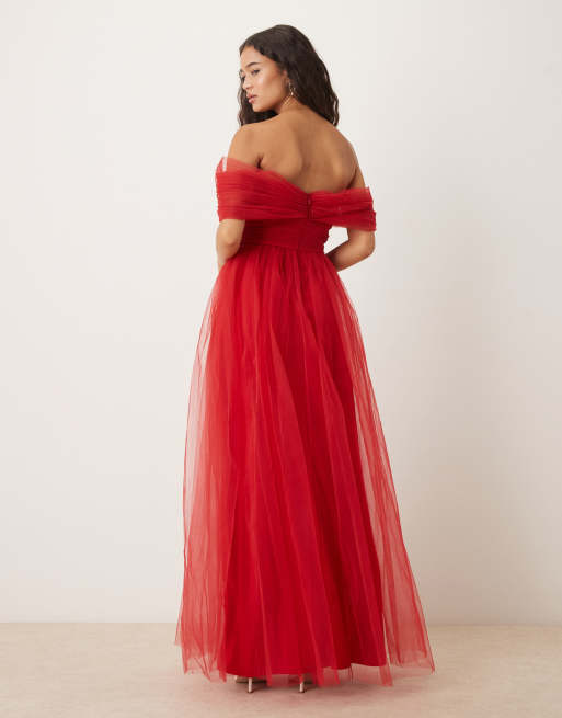 Lace & Beads off shoulder maxi tulle dress in red, 3 of 4