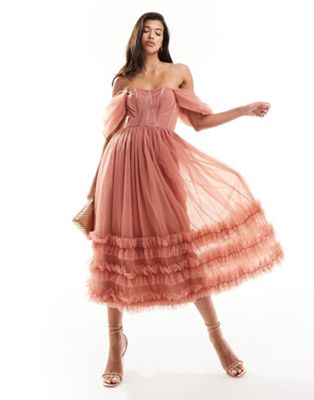 Lace & Beads off shoulder ruffle tulle midaxi dress in dusky pink - ASOS Price Checker