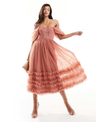 Lace & Beads off shoulder ruffle tulle midaxi dress in dusky pink - ASOS Price Checker