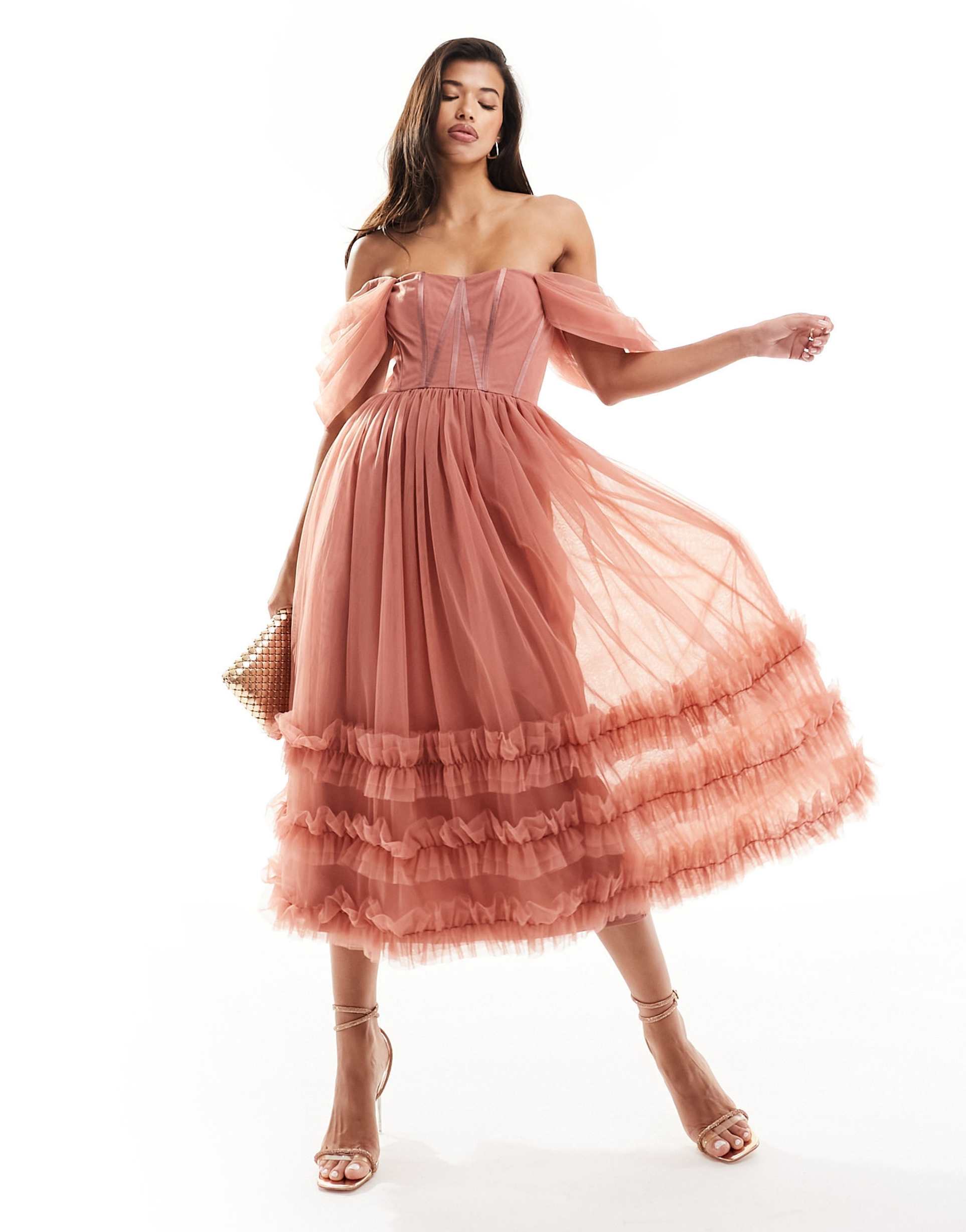 lace & beads off-shoulder ruffle tulle midaxi dress in dusky pink