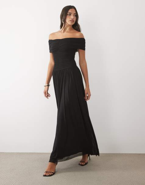Lace & Beads off shoulder shirred waist maxi dress in black - view 1