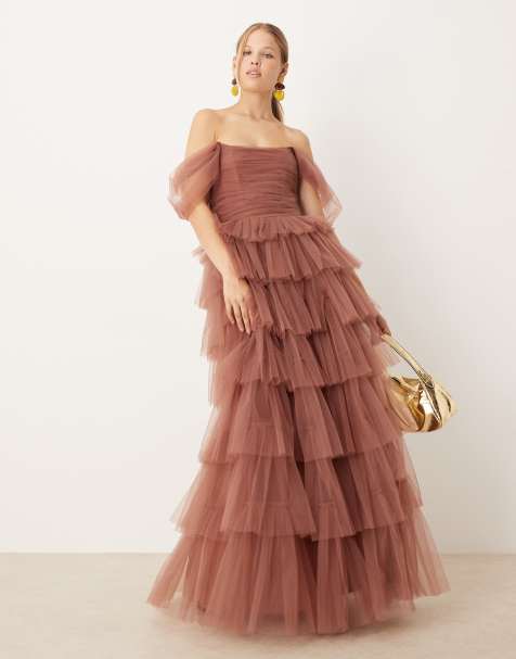 Lace & Beads off shoulder tiered maxi dress in rose brown - view 1