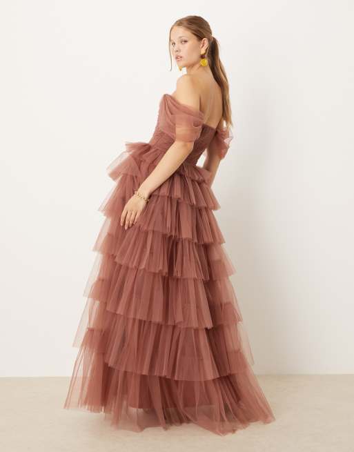 Lace & Beads off shoulder tiered maxi dress in rose brown
