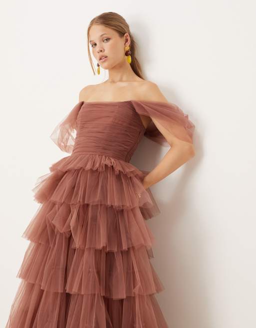Lace & Beads off shoulder tiered maxi dress in rose brown