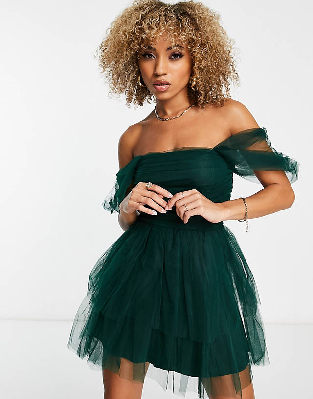 Lace &amp; Beads off shoulder tiered structured mini dress in emerald green GN9848
