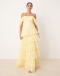 [Lace & Beads] Lace & Beads off-shoulder tulle asymmetric maxi dress in buttercup-Yellow 14 Buttercup