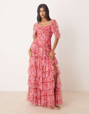 Lace & Beads Off-shoulder Tulle Asymmetric Maxi Dress In Pink