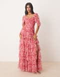[Lace & Beads] Lace & Beads off-shoulder tulle asymmetric maxi dress in red and pink floral 6 Red Pink Floral