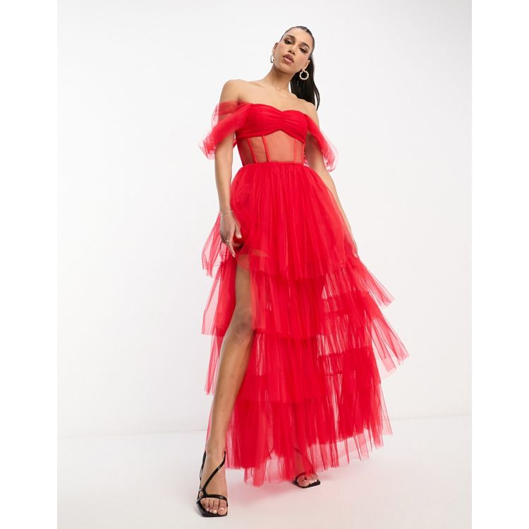 Lace & Beads off shoulder tulle corset maxi dress in red