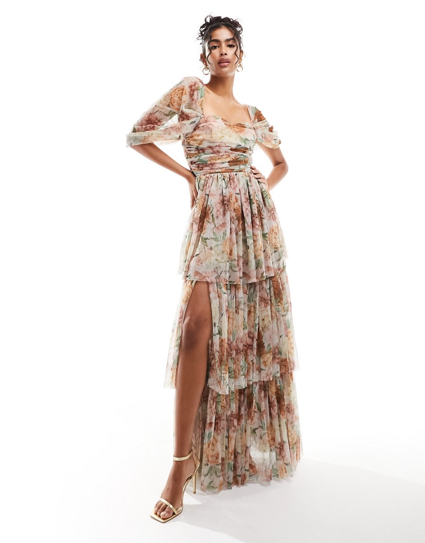 Lace & Beads off shoulder tulle high low dress in brown floral