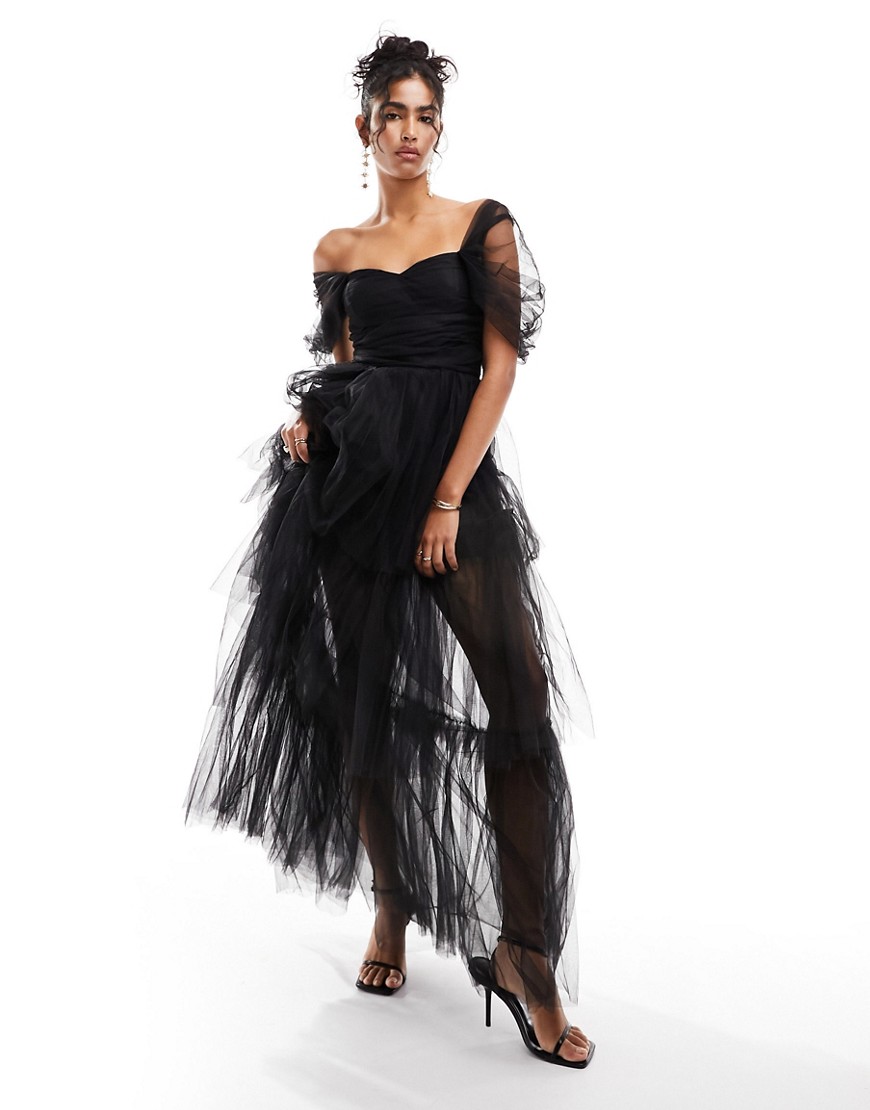 Lace & Beads off shoulder tulle high low maxi dress in black