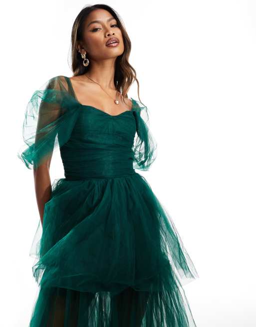 Lace Beads off shoulder tulle high low maxi dress In emerald green ASOS