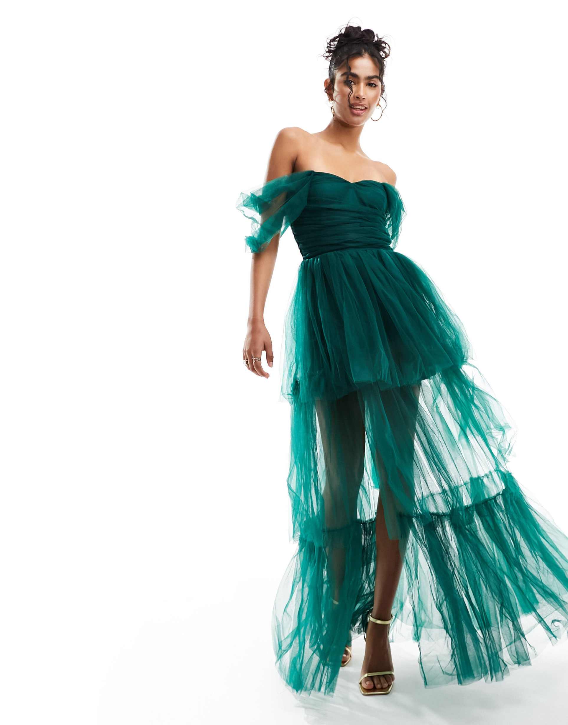 lace & beads off shoulder tulle high low maxi dress in forest green