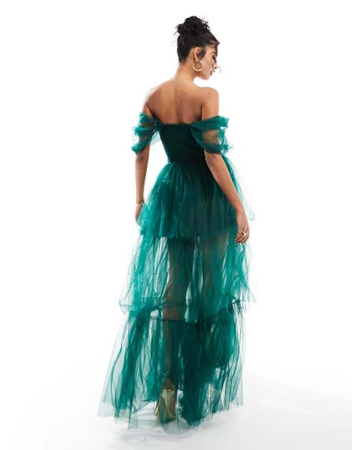 Lace & Beads off shoulder tulle high low maxi dress in forest green | ASOS