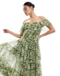 [Lace & Beads] Lace & Beads off shoulder tulle high low maxi dress in green floral-Multi 12 Green floral