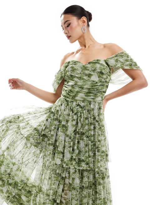 Lace Beads off shoulder tulle high low maxi dress in green floral