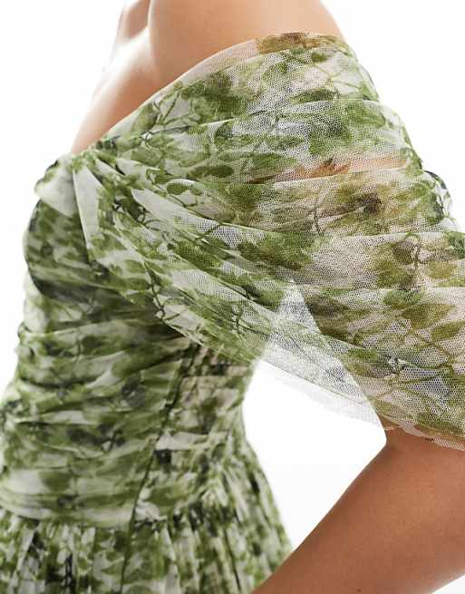 Lace & Beads off shoulder tulle high low maxi dress in green Lace & Beads off shoulder tulle high low maxi dress in green