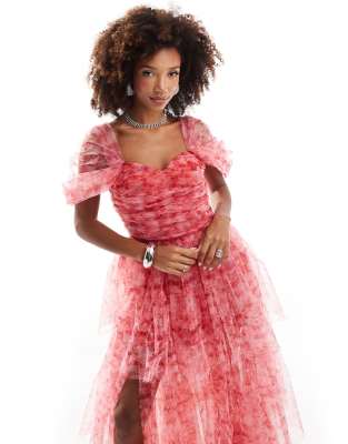 Lace & Beads Off Shoulder Tulle High Low Maxi Dress In Pink