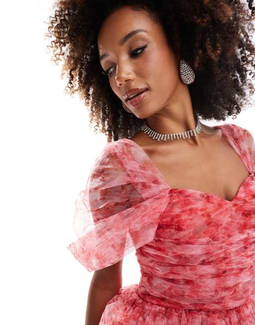 Lace & Beads off shoulder tulle high low maxi dress in red floral | ASOS
