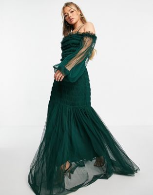 Lace & Beads off shoulder tulle maxi dress in green