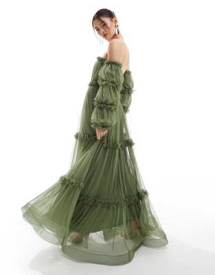 off-shoulder tulle maxi dress in green