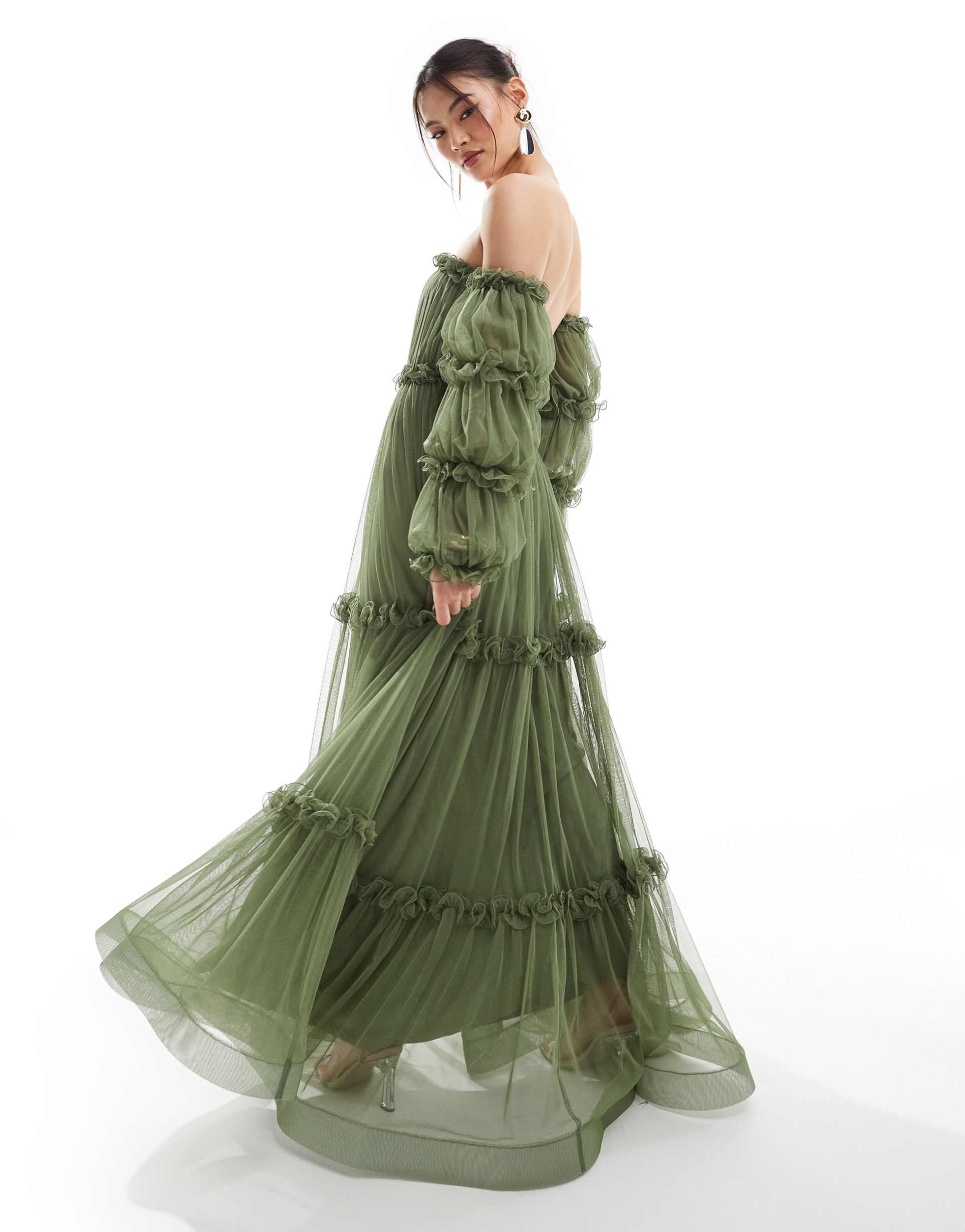 lace & beads off-shoulder tulle maxi dress in green