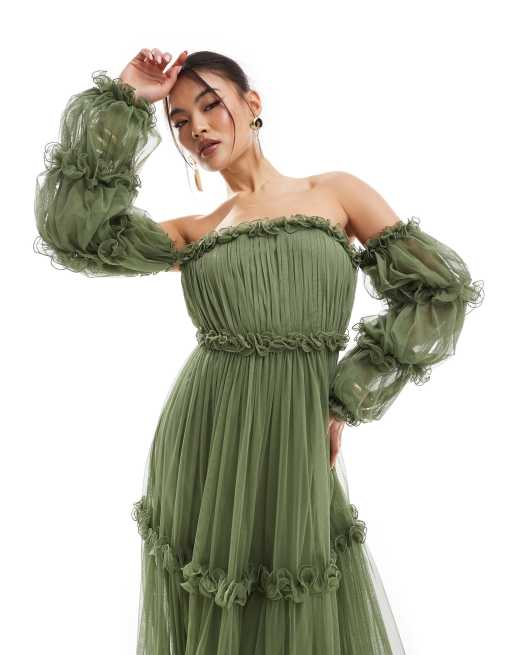 asos green tulle dress ASOS DESIGN one shoulder tulle wired hem maxi dress in forest green