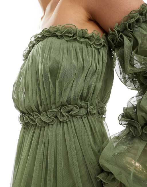 Lace & Beads off-shoulder tulle maxi dress in green | ASOS