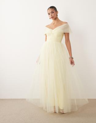 Lace & Beads Off Shoulder Tulle Maxi Dress In Yellow