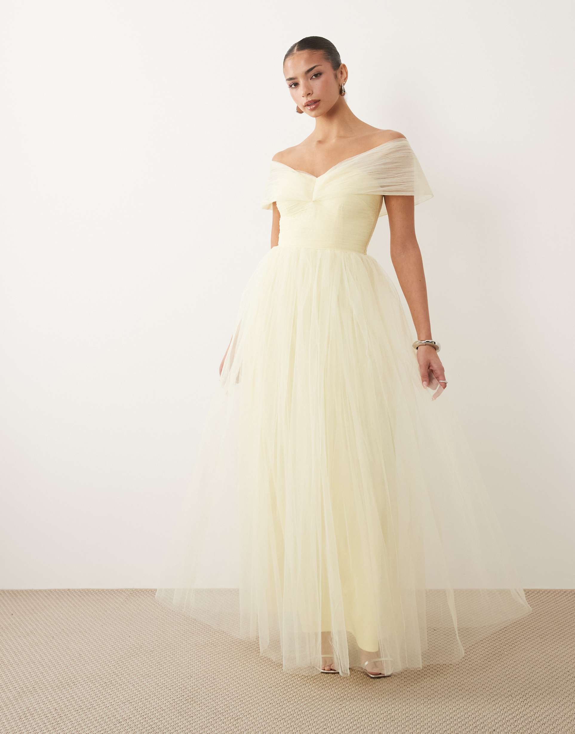 lace & beads off shoulder tulle maxi dress in pale lemon