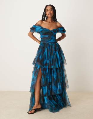 asos Lace & Beads off shoulder tulle maxi dress in watercolour blue