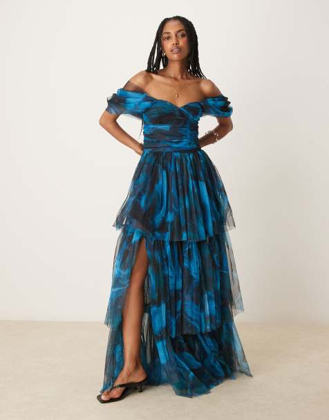 Lace & Beads off shoulder tulle maxi dress in watercolour blue