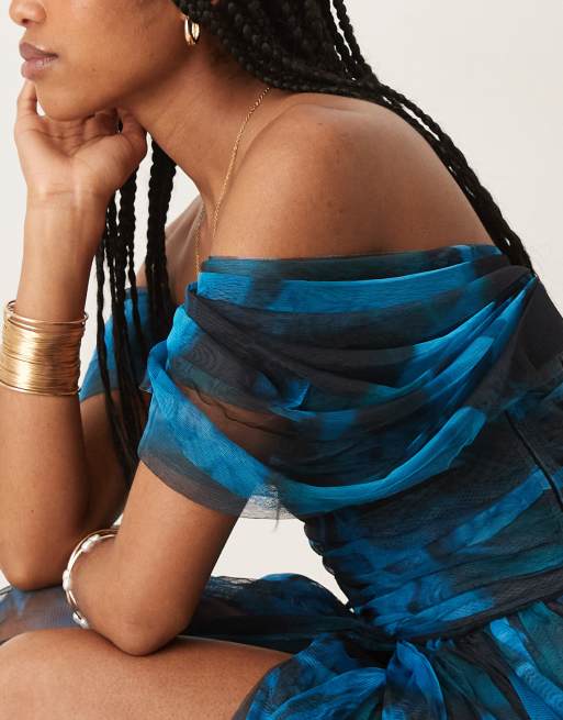 Lace & Beads off shoulder tulle maxi dress in watercolour blue