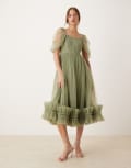 [Lace & Beads] Lace & Beads off shoulder tulle midaxi dress in soft olive-Green 10 Soft Olive