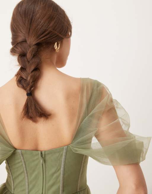 Lace & Beads off shoulder tulle midaxi dress in soft olive, 3 of 4