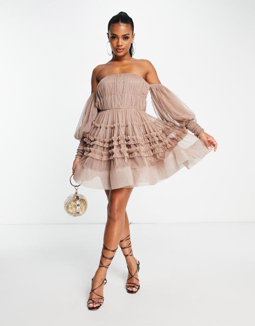 Lace Beads off shoulder tulle mini dress in mink