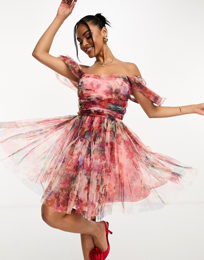 off shoulder tulle mini dress in mixed floral-Multi
