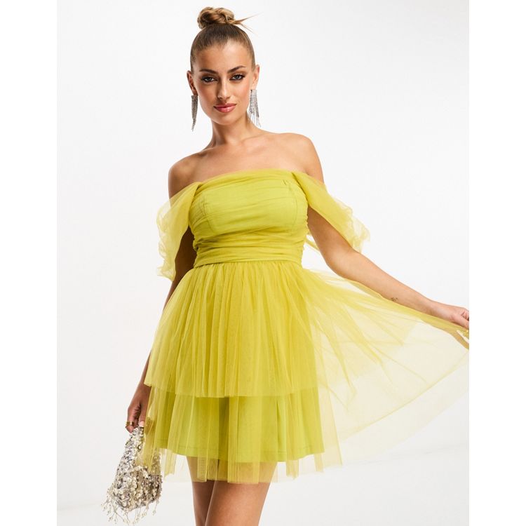 Lace & Beads off shoulder tulle mini dress in olive