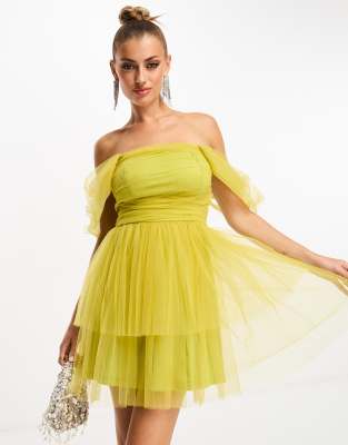 lace & beads off shoulder tulle mini dress in olive