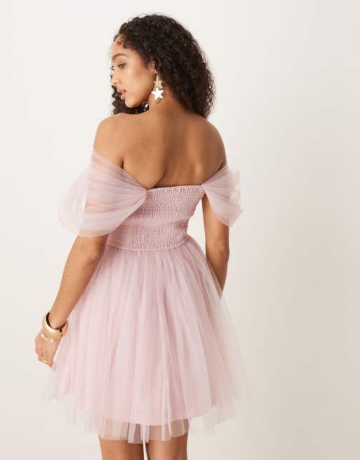 Lace & Beads off shoulder tulle mini dress in powder pink, 4 of 4