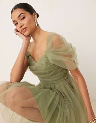 Lace & Beads Off Shoulder Tulle Mini Dress In Green