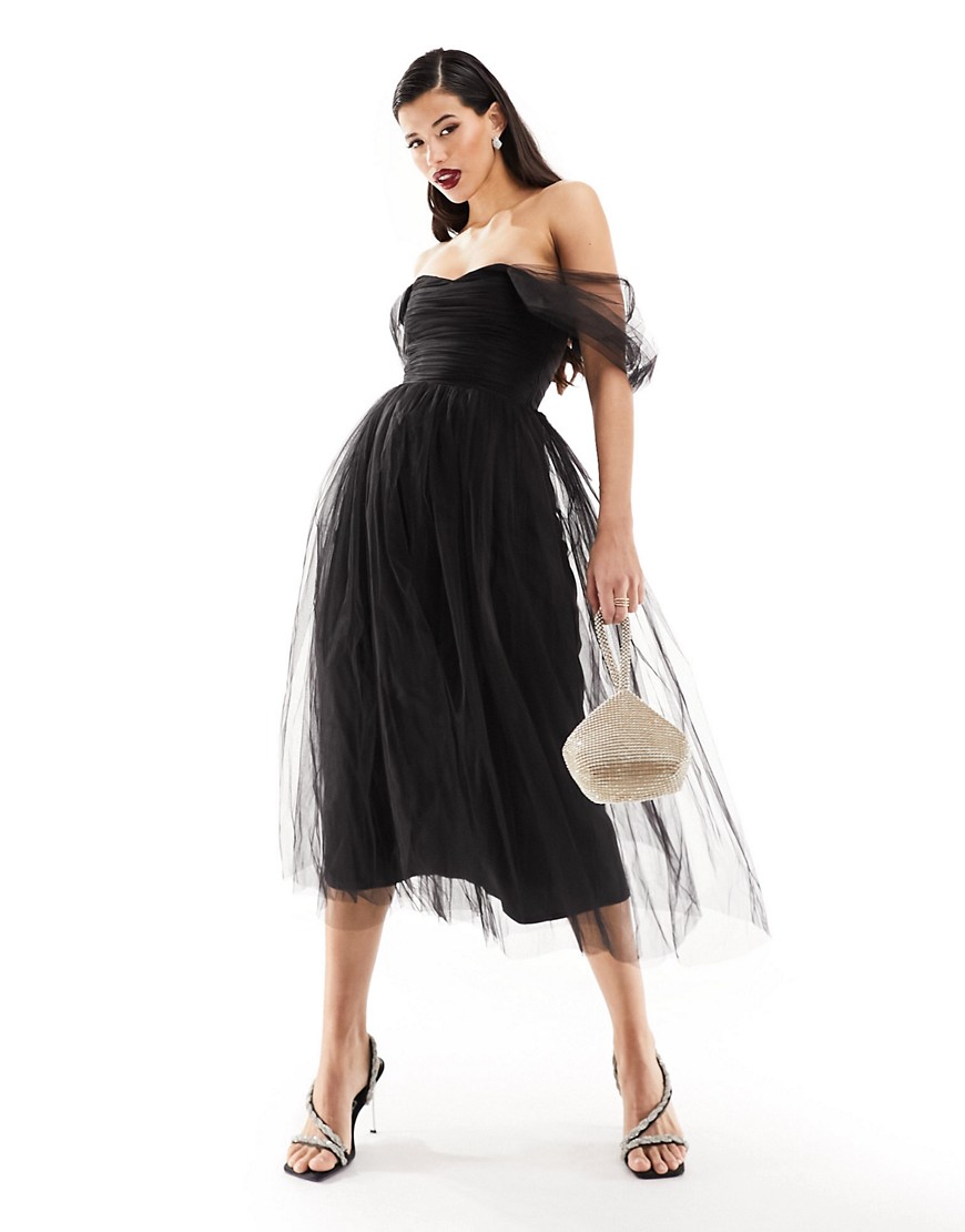 Lace & Beads off shoulder tulle tiered maxi dress in Black