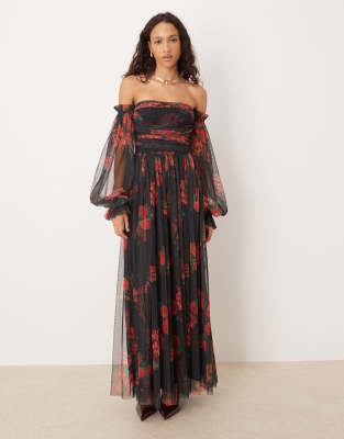 Lace & Beads off the shoulder balloon sleeve tulle maxi dress in black rose-Multi